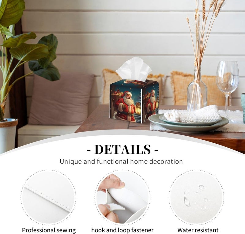 sndheke Christmas Santa Claus Tissue Box Cover Square,Merry Christmas Tissue Box Holder Waterproof Leather Facial Paper Organizer Dispenser for Bathroom Home Car Nightstand Vanity Desk - Image 3